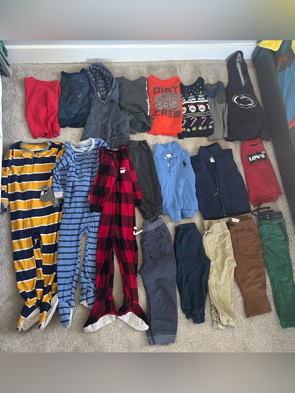 Mixed Kids Clothing Lot with Polo & Holiday Pajamas - Red, Blue, Gray, Navy